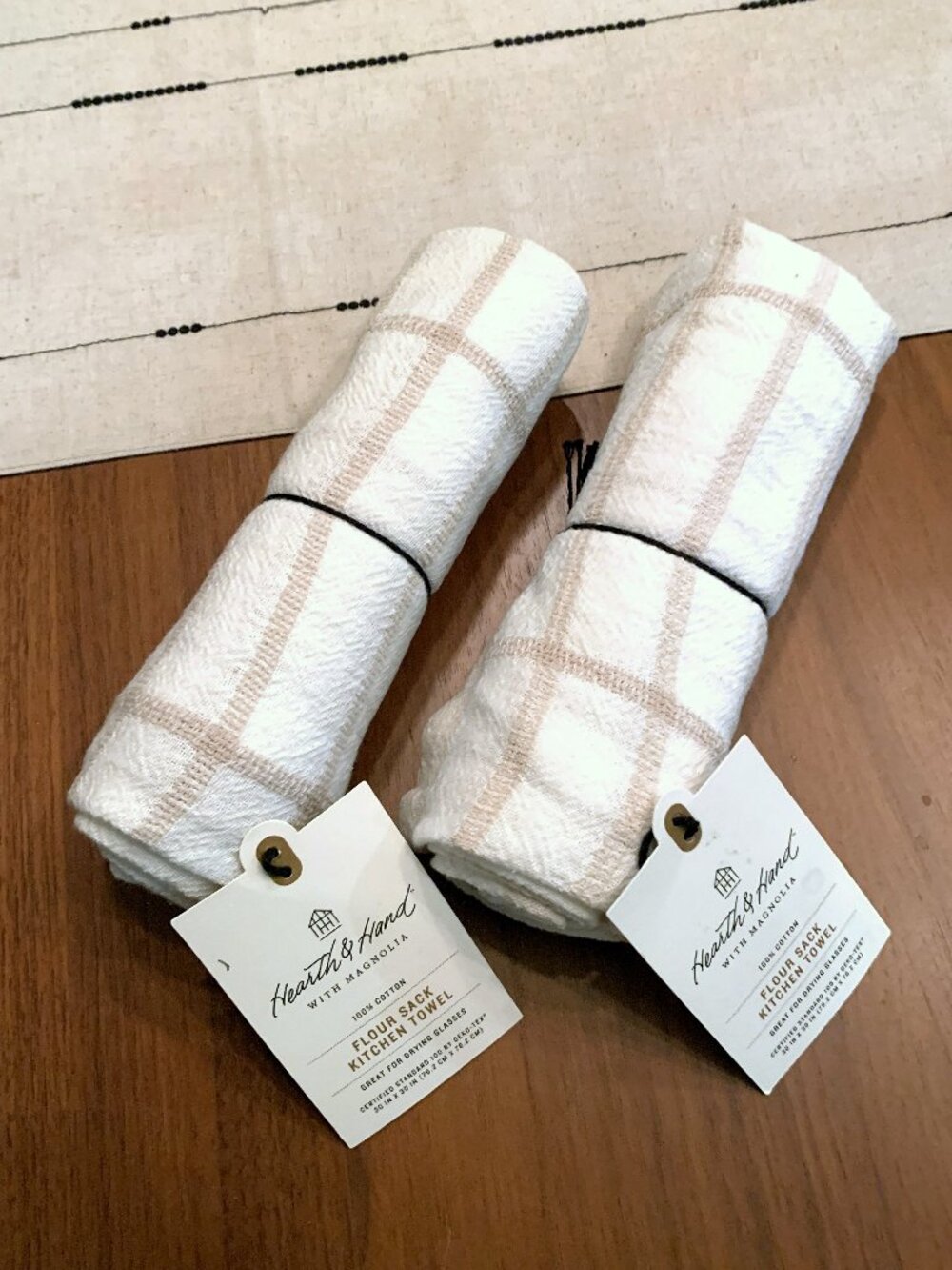 2 Hearth and & Hand Magnolia Beige Tan Plaid Flour Sack Kitchen Towel NEW 2024